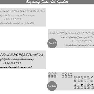 May include: A gray chart displaying three distinct black script fonts labeled Font 1, Font 2, and Font 3, each showing uppercase and lowercase letters, numbers 0-9, and the phrase She believed she could, so she did. A section for symbols includes emojis, religious icons, zodiac signs, and miscellaneous shapes.