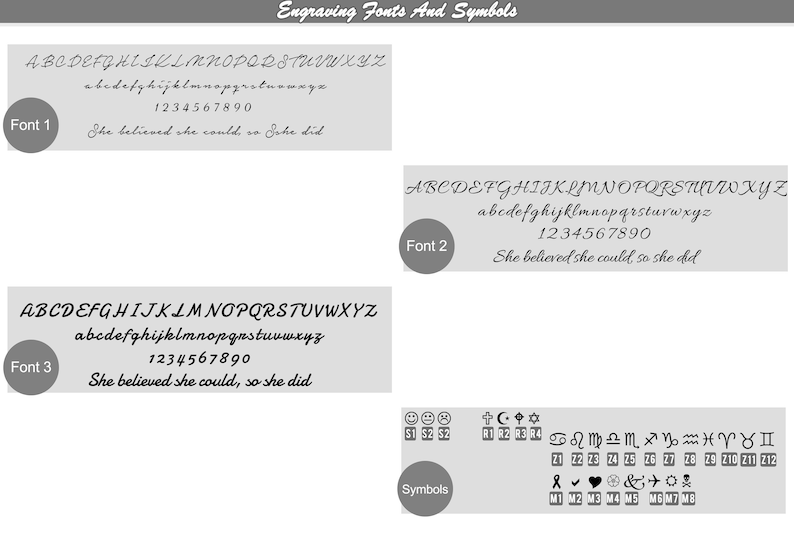 May include: A gray chart displaying three distinct black script fonts labeled Font 1, Font 2, and Font 3, each showing uppercase and lowercase letters, numbers 0-9, and the phrase She believed she could, so she did. A section for symbols includes emojis, religious icons, zodiac signs, and miscellaneous shapes.