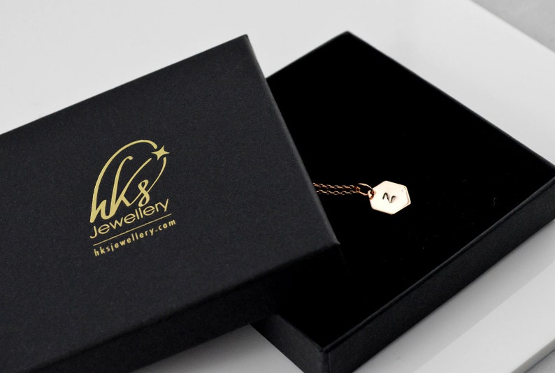 bridesmaids gift ideas dainty necklace name initial rose gold jewellery women rose gold jewelry Hexagon personalised rose gold necklace