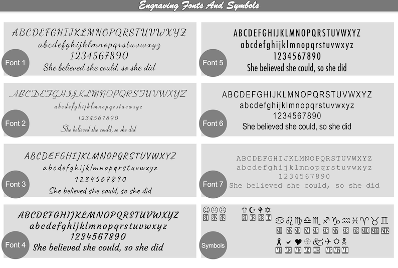 May include: A chart titled Engraving Fonts And Symbols displaying seven distinct font styles labeled Font 1 through Font 7. Each font shows uppercase letters, lowercase letters, numbers 0-9, and the phrase She believed she could, so she did.