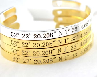 Personalized Coordinates Cuff Bracelet, Engraved Silver Bracelet