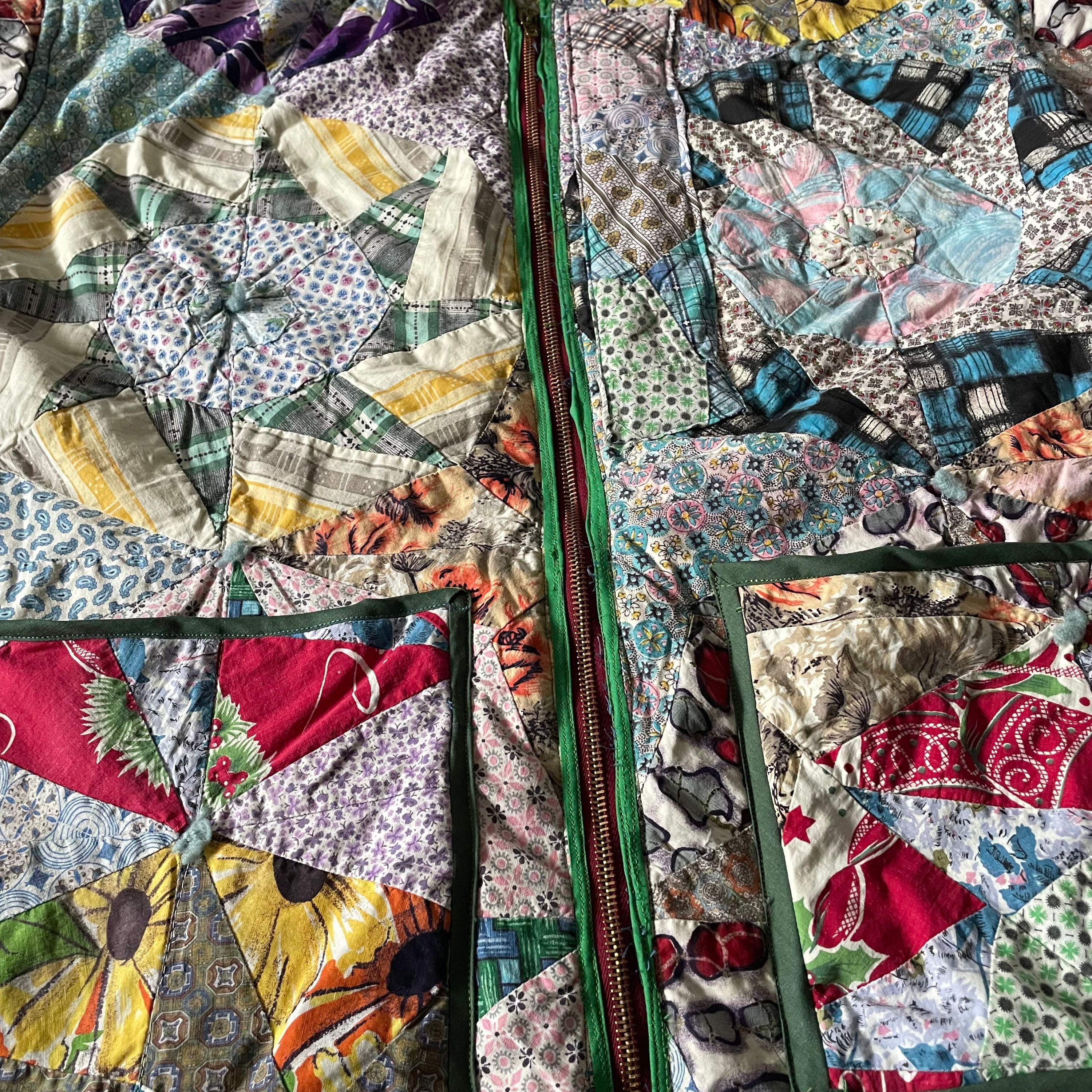 Vintage Unisex Feed Sack Quilt Coat Zipper Jacket Quilted