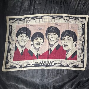 Vintage Beatles Irish linen tea towel 1960s Beatlemania English wall hanging