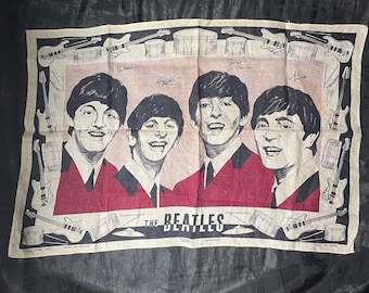 Vintage Beatles Irish linen tea towel 1960s Beatlemania English wall hanging