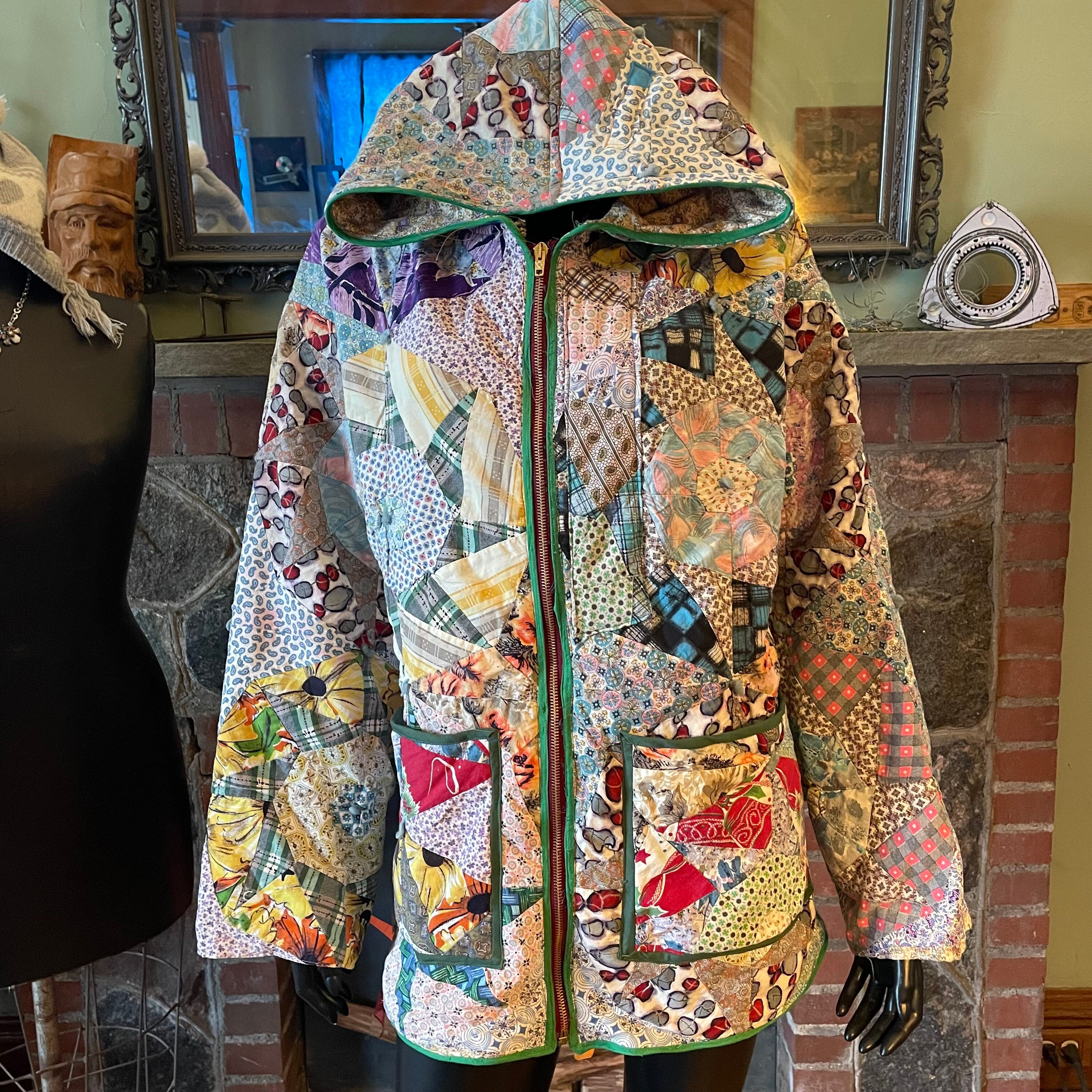 ジャケット・アウター vintage fabric feed sack jacket Vintage Unisex Feed Sack Quilt Coat Zipper Jacket Quilted