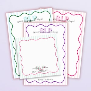 May include: A collection of notepads with a striped background and wavy borders in various colors. Each notepad features the letters "SLP" and the words "speech language pathologist". Some notepads have names printed at the bottom.