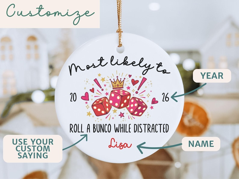 Personalized Bunco Christmas Gift Ornament Custom Bunco Gift Tag with Name Funny Bunco Player Christmas Keepsake Bunco Group Ornament 2026 image 2