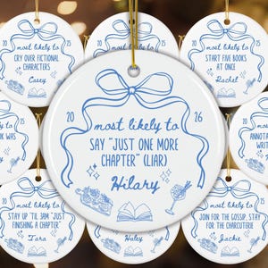 Personalized Book Club Gift Book Ornament Gift Tag with Name Bow Christmas Ornament Book Lover Gift Coquette Bookish gift for Reader