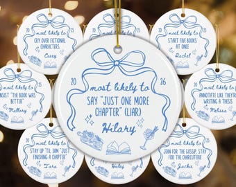 Personalized Book Club Gift Book Ornament Gift Tag with Name Bow Christmas Ornament Book Lover Gift Coquette Bookish gift for Reader