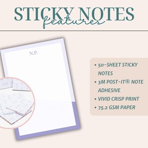 May include: Image of a white sticky note pad with a light purple border, featuring the initials "N.P." at the top. A smaller inset shows a stack of sticky notes. Text highlights features: 50 sheets, 3M Post-it adhesive, vivid crisp print, and 75.2 GSM paper.