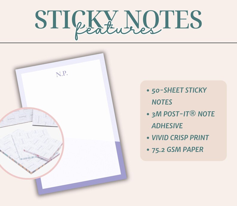 May include: Image of a white sticky note pad with a light purple border, featuring the initials "N.P." at the top. A smaller inset shows a stack of sticky notes. Text highlights features: 50 sheets, 3M Post-it adhesive, vivid crisp print, and 75.2 GSM paper.