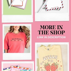 May include: A collection of stationery and apparel featuring speech therapy themes. Includes notepads with personalized text, a red t-shirt with "speech therapy" text and strawberry graphics, and a yellow t-shirt with the same design.