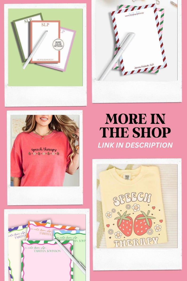 May include: A collection of stationery and apparel featuring speech therapy themes. Includes notepads with personalized text, a red t-shirt with "speech therapy" text and strawberry graphics, and a yellow t-shirt with the same design.