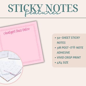 May include: Pink sticky notes with the text "chatgpt this later" and a decorative border. The image also shows a stack of sticky notes and a list of features: 50 sheets, 3M Post-it adhesive, vivid crisp print, and a 4x4 size.