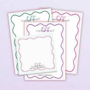 May include: Four blank note cards with a wavy border. Each card has a different colored stripe pattern and a different colored border. The top card has a green border and green and white stripes. The second card has a purple border and pink and white stripes. The third card has a red border and light blue and white stripes. The fourth card has a pink border and light blue and white stripes. The cards all have the text "OT occupational therapist" in the top corner. The third card also has the text "Occupational Therapist OLIVIA MENDELL" in the bottom left corner and the text "EMILY BROWN" in the bottom center.