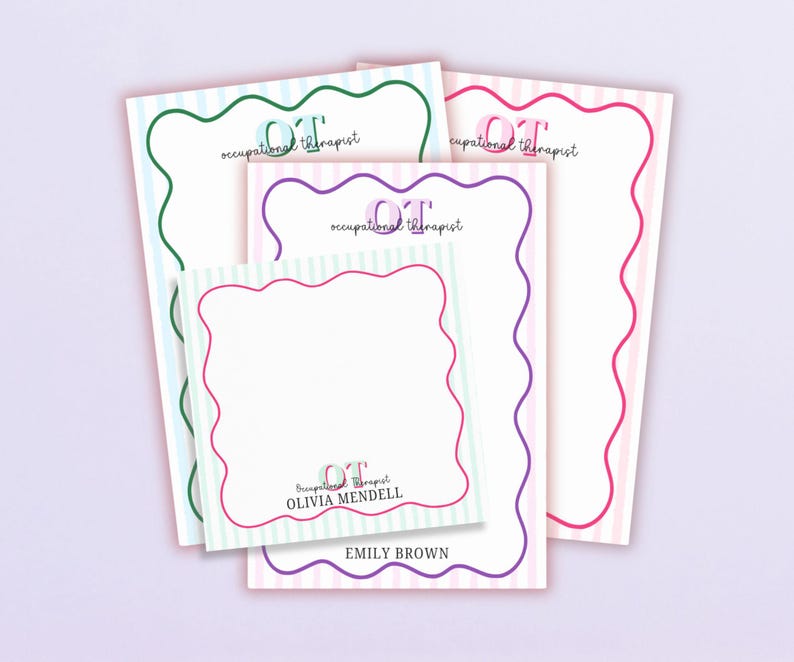 May include: A collection of personalized stationery pads with scalloped edges and striped backgrounds. The pads feature the initials "OT" and the words "occupational therapist" in a delicate script. Names are printed at the bottom, with color variations including green, pink, and purple.