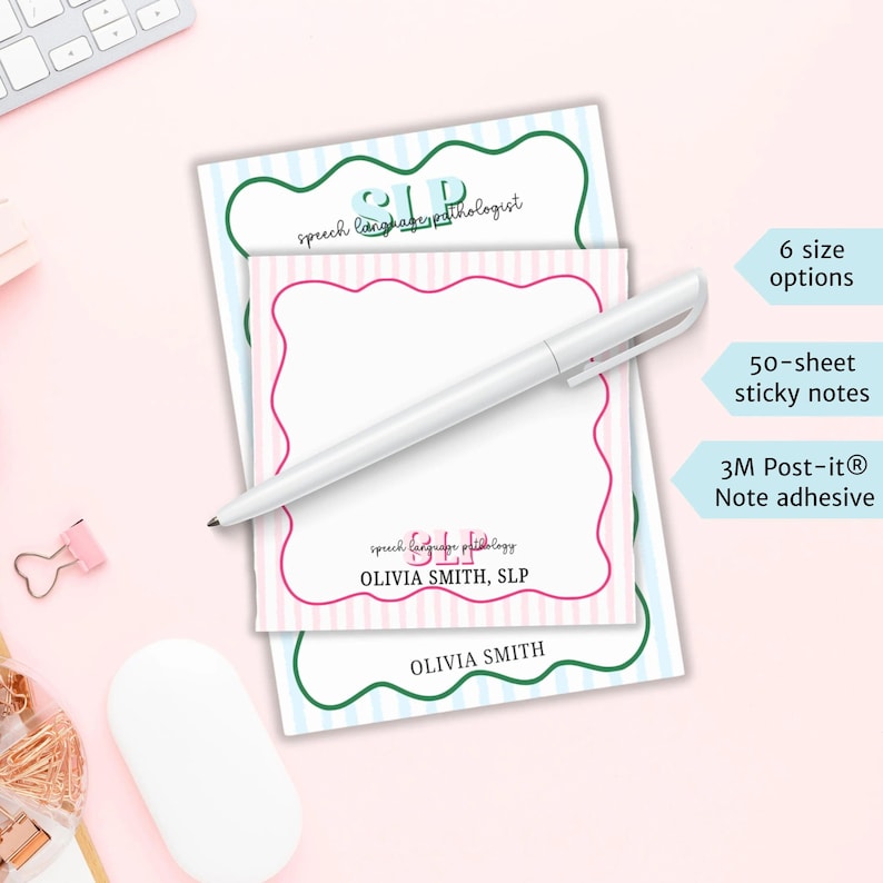 May include: A stack of sticky notes with a white pen. The notes have a pink and white striped pattern and a green and blue striped border. The text "speech language pathologist" and "OLIVIA SMITH, SLP" are printed on the notes.