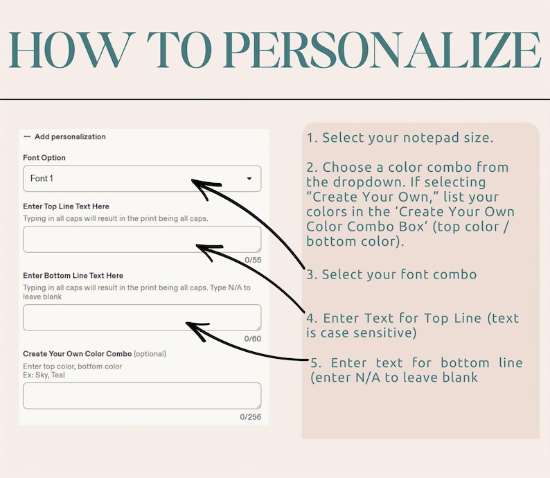 May include: An instructional graphic titled HOW TO PERSONALIZE with a light pink background. It displays a digital form with fields for Font Option, Top Line Text, Bottom Line Text, and Color Combo, alongside five numbered steps for customization.