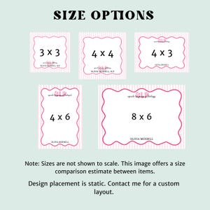 May include: An image displaying size options for a product. The text "SIZE OPTIONS" is at the top. Five pink-bordered cards show different sizes: 3x3, 4x4, 4x3, 4x6, and 8x6 inches. Each card has text and a wavy border. The bottom text explains the sizes.