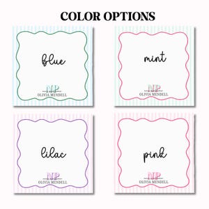 May include: Four color options for a personalized label with the text "NP" and "Olivia Mendell". The colors are blue, mint, lilac, and pink.