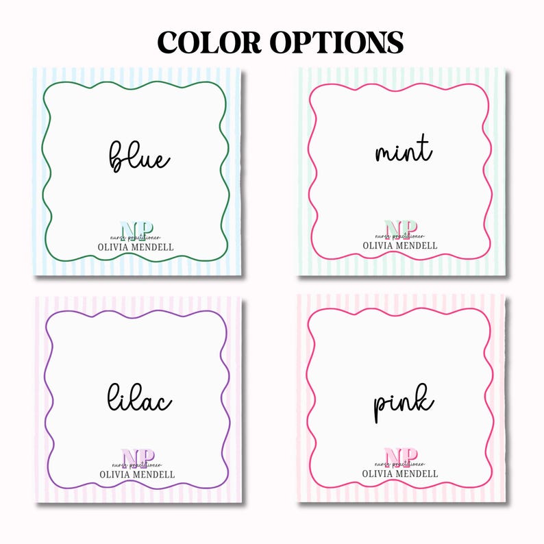 May include: Four color options for a personalized label with the text "NP" and "Olivia Mendell". The colors are blue, mint, lilac, and pink.