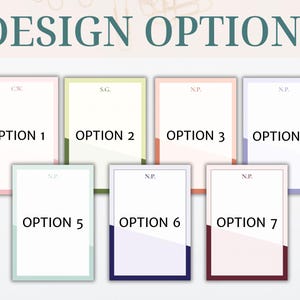 May include: Image featuring seven design options, each with a unique color scheme and layout. The text "DESIGN OPTIONS" is at the top. Each option is a rectangular card with a colored border and a section of color at the bottom.