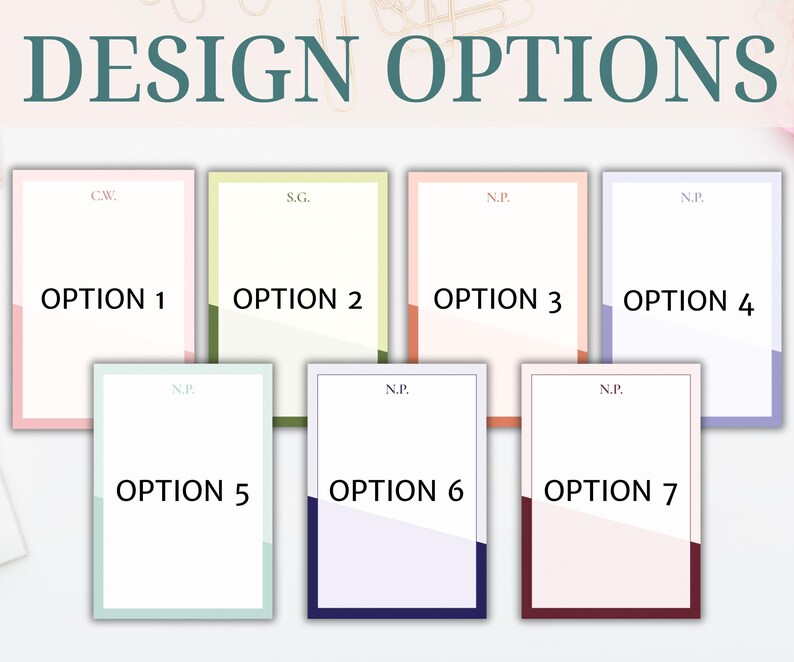 May include: Image featuring seven design options, each with a unique color scheme and layout. The text "DESIGN OPTIONS" is at the top. Each option is a rectangular card with a colored border and a section of color at the bottom.