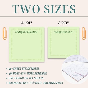 May include: Two sizes of light green sticky notes with the text "chatgpt this later". The larger note is 4"x4" and the smaller is 3"x3". Includes orange paper clips and a stack of notes. Features 50 sheets, 3M Post-it adhesive, and a branded backing.