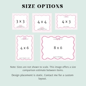 May include: Image showing size options for a product. The image features five pink-bordered cards with dimensions of 3x3 inches, 4x4 inches, 4x3 inches, 4x6 inches, and 8x6 inches. Each card has text indicating the size and the name of the occupational therapist.