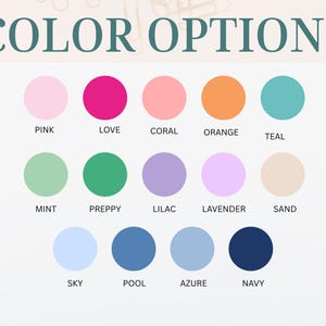 May include: A color chart titled COLOR OPTIONS featuring fifteen circular swatches labeled Pink, Love, Coral, Orange, Teal, Mint, Preppy, Lilac, Lavender, Sand, Sky, Pool, Azure, and Navy. The grid displays a variety of solid hues for selection.
