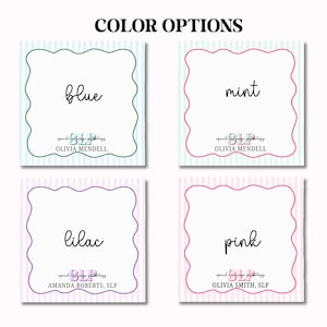 May include: Four square cards with scalloped edges and striped backgrounds in blue, mint, lilac, and pink. Each card features a handwritten color name and the text "speech language pathology" with a name below. The text "COLOR OPTIONS" is at the top.