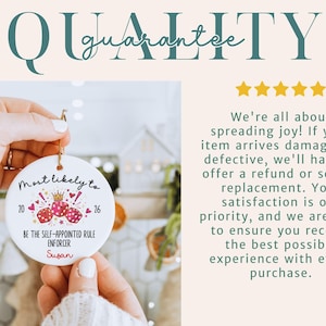 May include: A round white ceramic ornament featuring red dice, a gold crown, and the text 'Most likely to be the self-appointed rule enforcer' with the name 'Susan' and the year '2016'. The text 'QUALITY guarantee' and five yellow stars are visible.