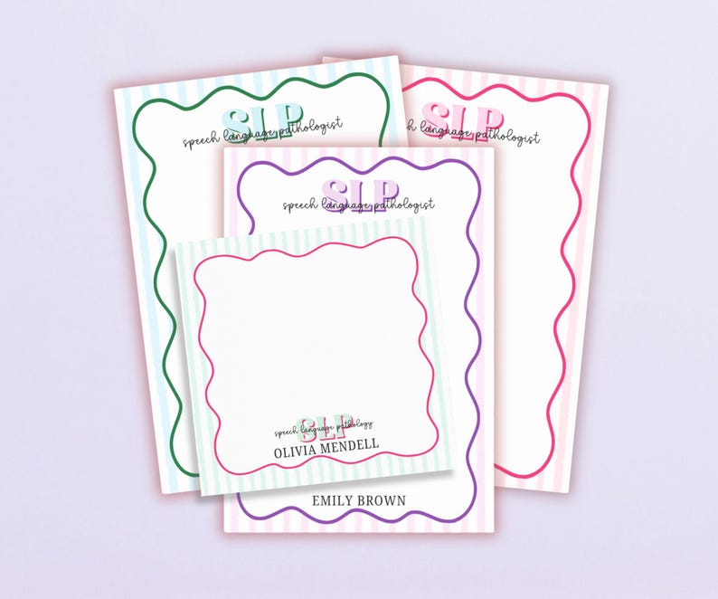 May include: A collection of notepads with a striped background and wavy borders in various colors. Each notepad features the letters "SLP" and the words "speech language pathologist". Some notepads have names printed at the bottom.