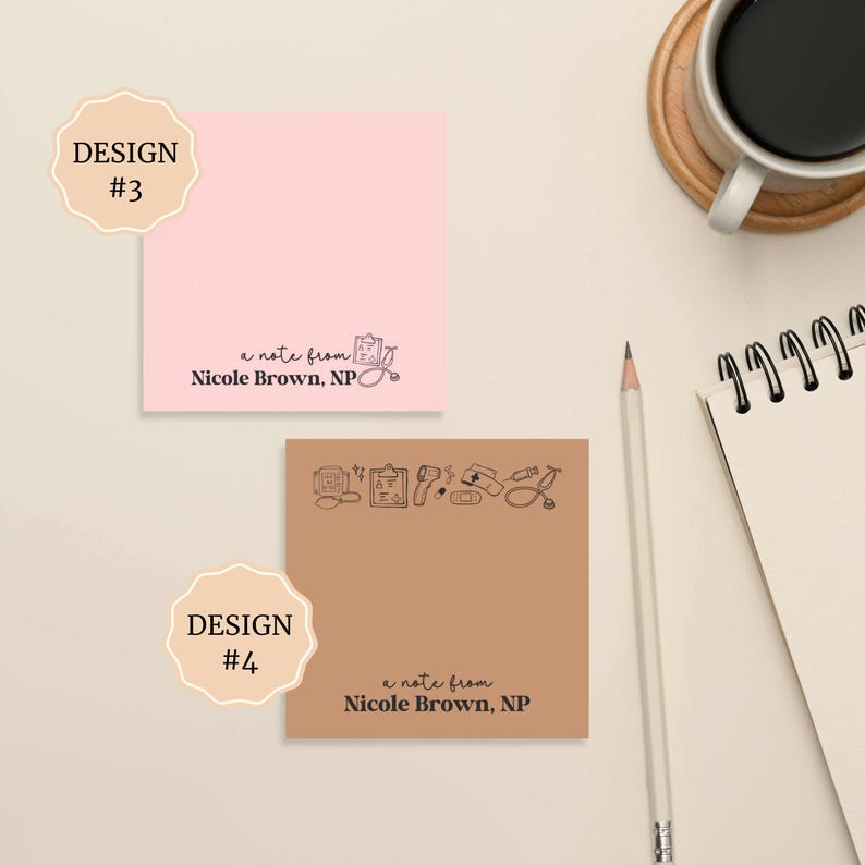 K&ouml;nnte beinhalten: Zwei verschiedene Designs f&uuml;r Notizkarten. Die obere Karte ist rosa mit dem Text "a note from Nicole Brown, NP" und einer kleinen Illustration von medizinischen Utensilien. Die untere Karte ist braun mit dem gleichen Text und einer Reihe von medizinischen Illustrationen oben.