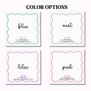 May include: Four square cards with color options: blue, mint, lilac, and pink. Each card has a white center with a scalloped border and striped background. The text "COLOR OPTIONS" is at the top. Each card has a name and the text "Occupational Therapist".