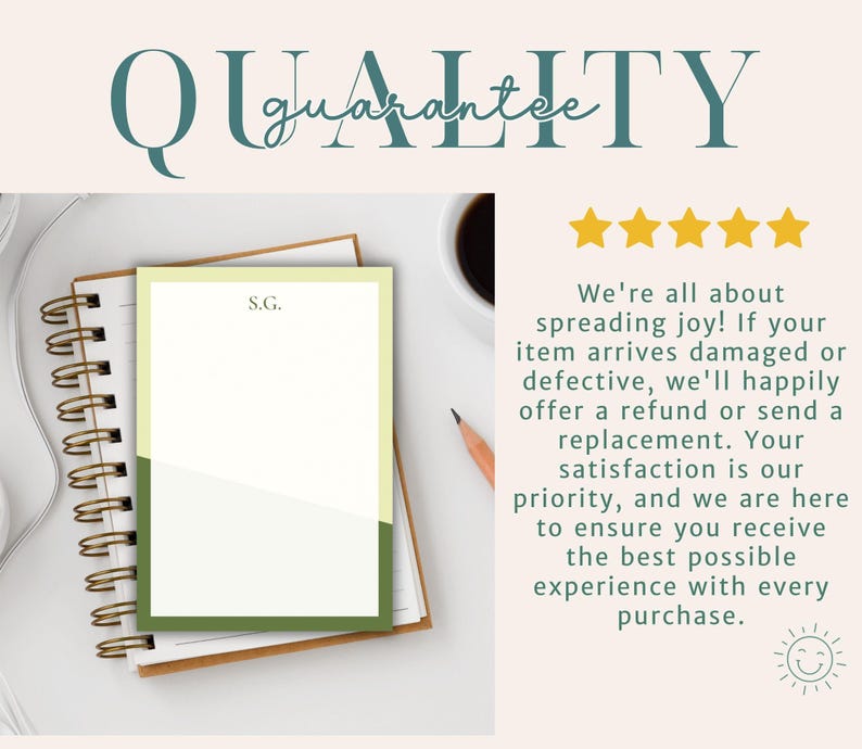 May include: A notepad with a green and cream color block design, resting on a spiral-bound notebook. The notepad has the initials "S.G." printed on it. The word "QUALITY" is at the top of the image.