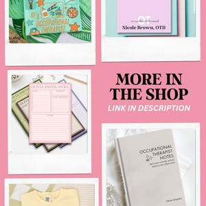 May include: A collection of occupational therapy themed items. Includes a light green t-shirt with a graphic, a pink notepad with smiley faces, a pink notepad with a to-do list, a light gray book, and a yellow sweatshirt.