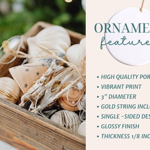 May include: A wooden crate filled with various decorative ornaments, accompanied by text reading ORNAMENT features, HIGH QUALITY PORCELAIN, VIBRANT PRINT, 3" DIAMETER, GOLD STRING INCLUDED, SINGLE-SIDED DESIGN, GLOSSY FINISH, and THICKNESS 1/8 INCH.