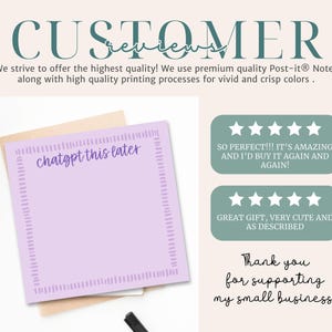 May include: A lavender Post-it note with the text "chatgpt this later" in a handwritten style. The note has a decorative border and is on top of a brown paper. Customer reviews and a thank you message are also visible.