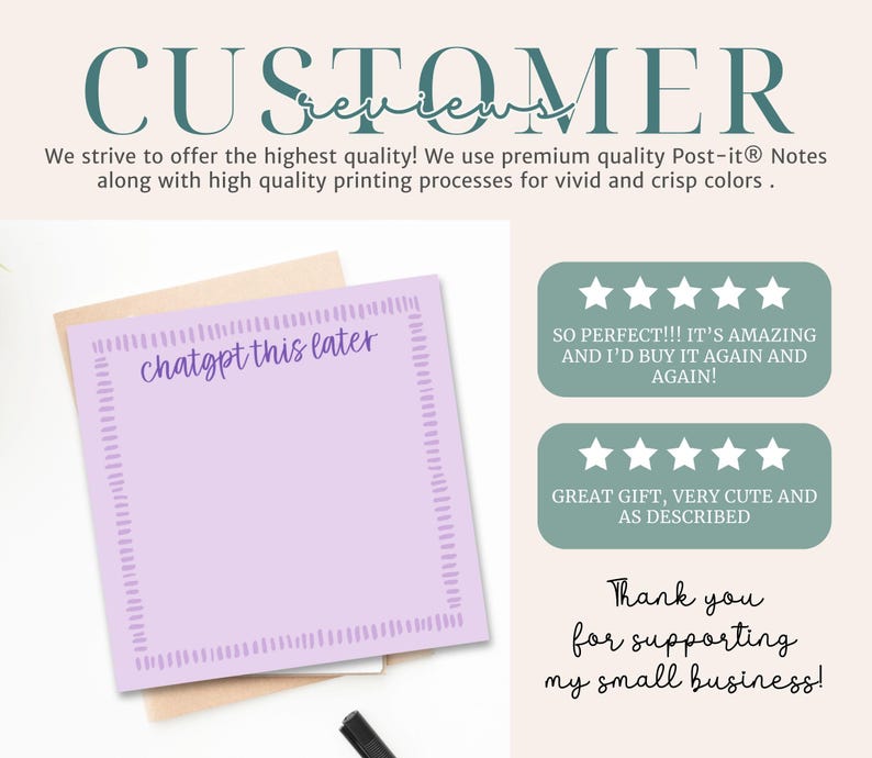 May include: A lavender Post-it note with the text "chatgpt this later" in a handwritten style. The note has a decorative border and is on top of a brown paper. Customer reviews and a thank you message are also visible.