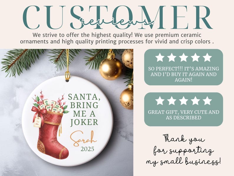 May include: A round white ceramic ornament featuring a red Christmas stocking filled with Mahjong tiles and pink flowers. The text reads: SANTA, BRING ME A JOKER, Sarah, 2025. The ornament hangs by a gold string and is displayed with customer reviews.