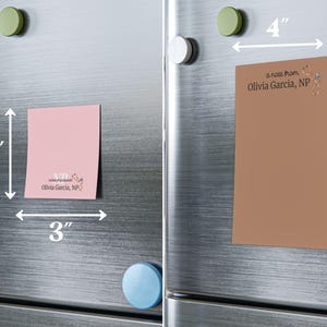 May include: Two refrigerator magnets with a brown and pink background. The magnets are 4 inches by 6 inches and 3 inches by 3 inches. The text on the magnets reads "a note from Olivia Garcia, NP".
