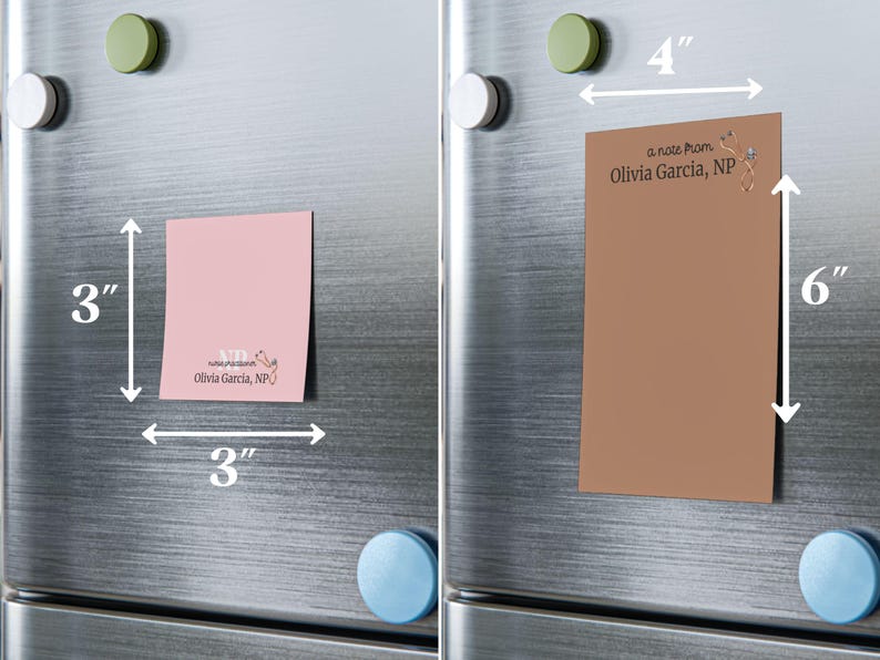May include: Two refrigerator magnets with a brown and pink background. The magnets are 4 inches by 6 inches and 3 inches by 3 inches. The text on the magnets reads "a note from Olivia Garcia, NP".