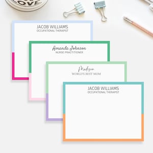 May include: Four rectangular personalized note cards with white centers and colorful borders. The cards feature printed names and titles including Jacob Williams Occupational Therapist, Amanda Johnson Nurse Practitioner, and Madison World's Best Mom.