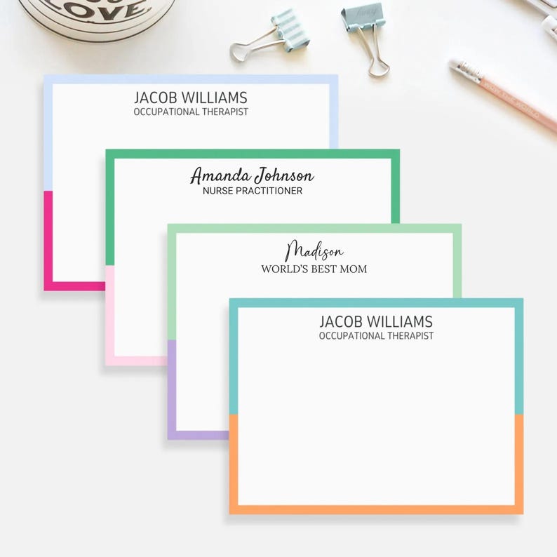 May include: Four rectangular personalized note cards with white centers and colorful borders. The cards feature printed names and titles including Jacob Williams Occupational Therapist, Amanda Johnson Nurse Practitioner, and Madison World's Best Mom.