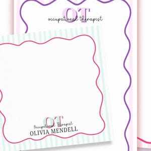 May include: Stack of notepads with a wavy border in pink, green, and purple. Each notepad has the text "occupational therapist" and a name. The image also includes the text "The PREPPY LOOK" and "A Graduation GIFT FOR YOUR FAVORITE OT".