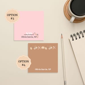 May include: Two options for a nurse practitioner business card design. Option #3 is a pink card with a stethoscope and the text "nurse practitioner Olivia Garcia, NP". Option #4 is a brown card with a border of medical icons and the text "Olivia Garcia, NP".