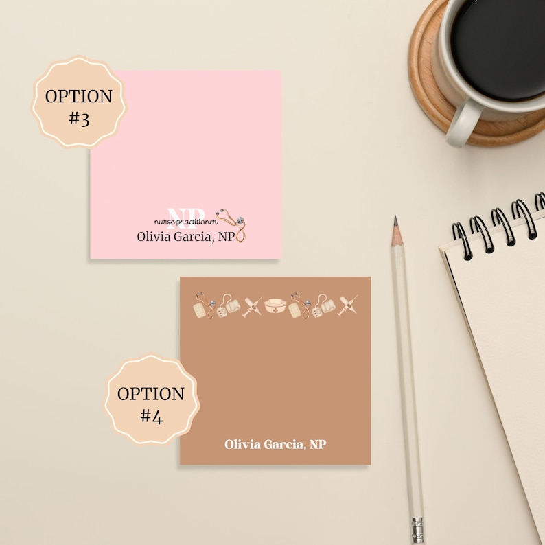 May include: Two options for a nurse practitioner business card design. Option #3 is a pink card with a stethoscope and the text "nurse practitioner Olivia Garcia, NP". Option #4 is a brown card with a border of medical icons and the text "Olivia Garcia, NP".