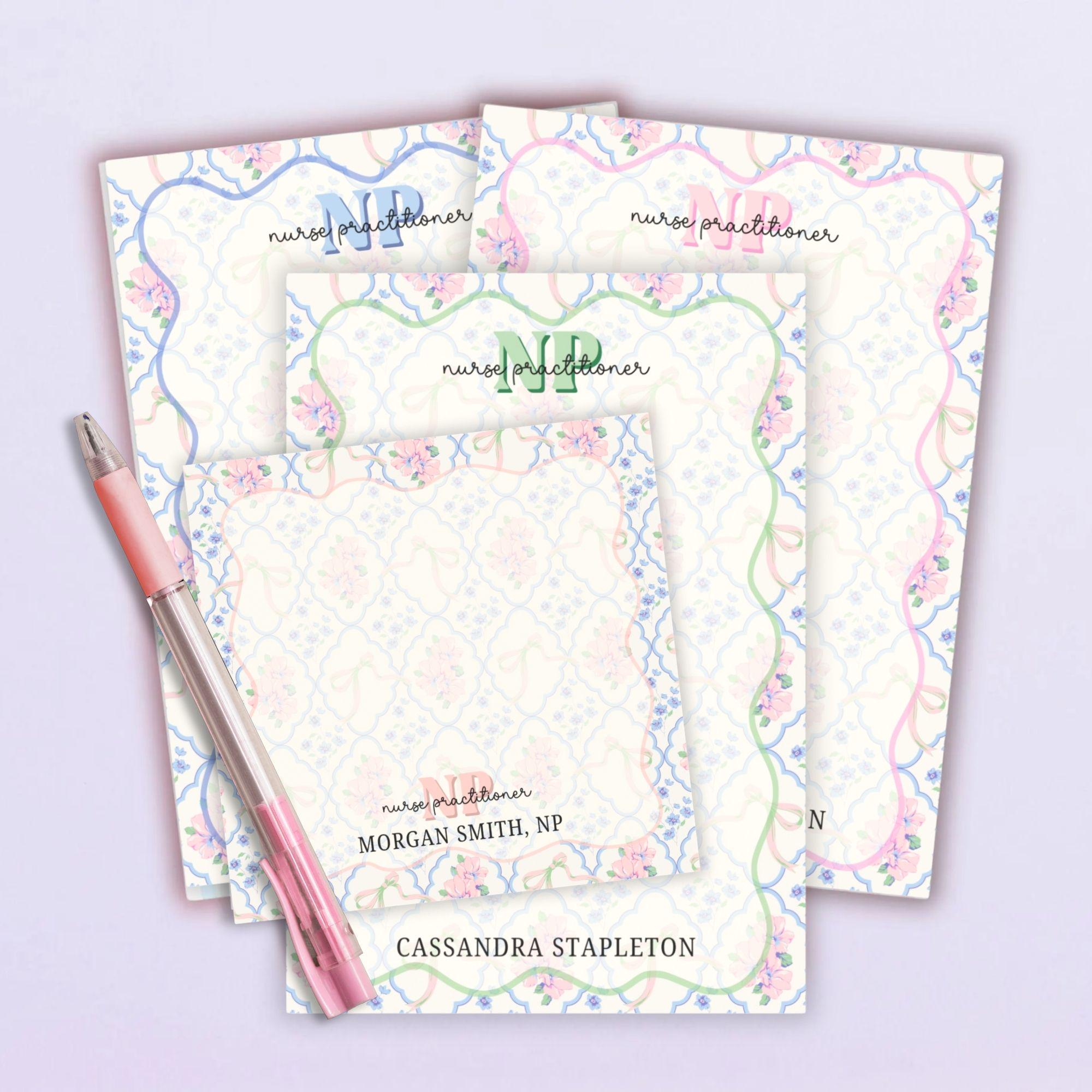 Nurse Practitioner Gift Blue & Pink Floral Personalized Name Notepad Grandmillenial Stationary Custom Sticky Notes NP Gifts for Graduation