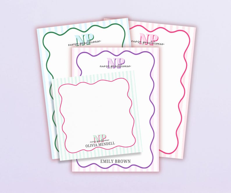 May include: Three different stationery notepads with a striped background and a wavy border. The notepads have the text "NP nurse practitioner" and the names "Emily Brown", "Olivia Mendelll" and "NP nurse practitioner".